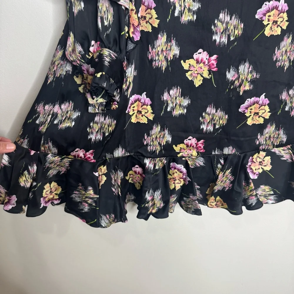 Needle & Thread Black Floral Ruffle Long Sleeve Mini Dress Size 10 Dark Romantic